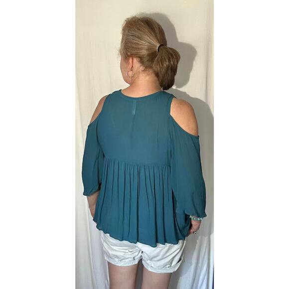 Xhilaration Teal Cold Shoulder Rayon Blouse Top Womens L - Picture 2 of 5